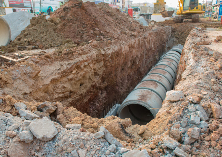 A large trench with concrete pipes being installed underground at a construction site. Heavy machinery and dirt are visible.