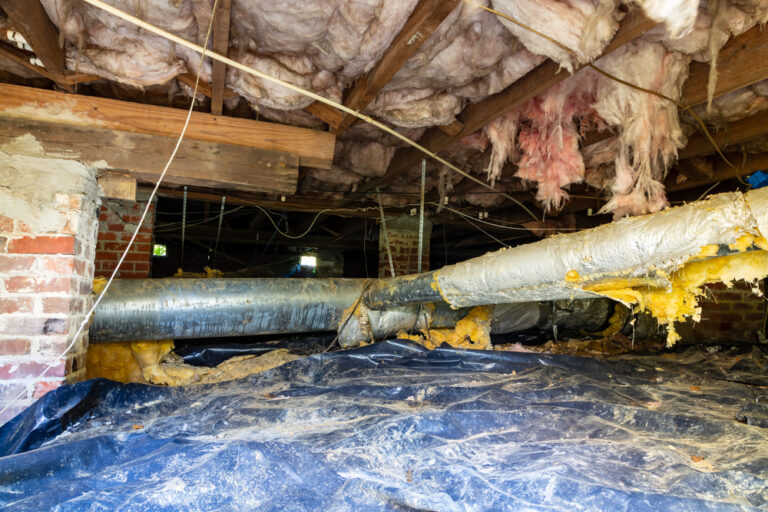 View of a crawl space with exposed insulation, ductwork, and a plastic-covered dirt floor.